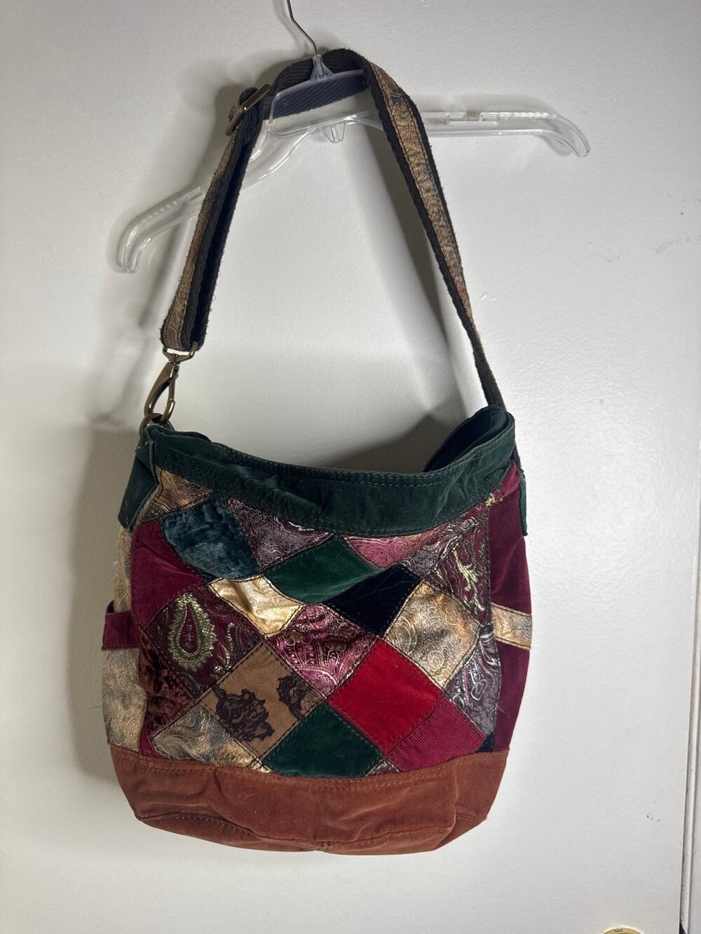 Vintage Y2K Lucky Brand Patchwork Hobo Bag Velvet Suede Paisley Boho Festival